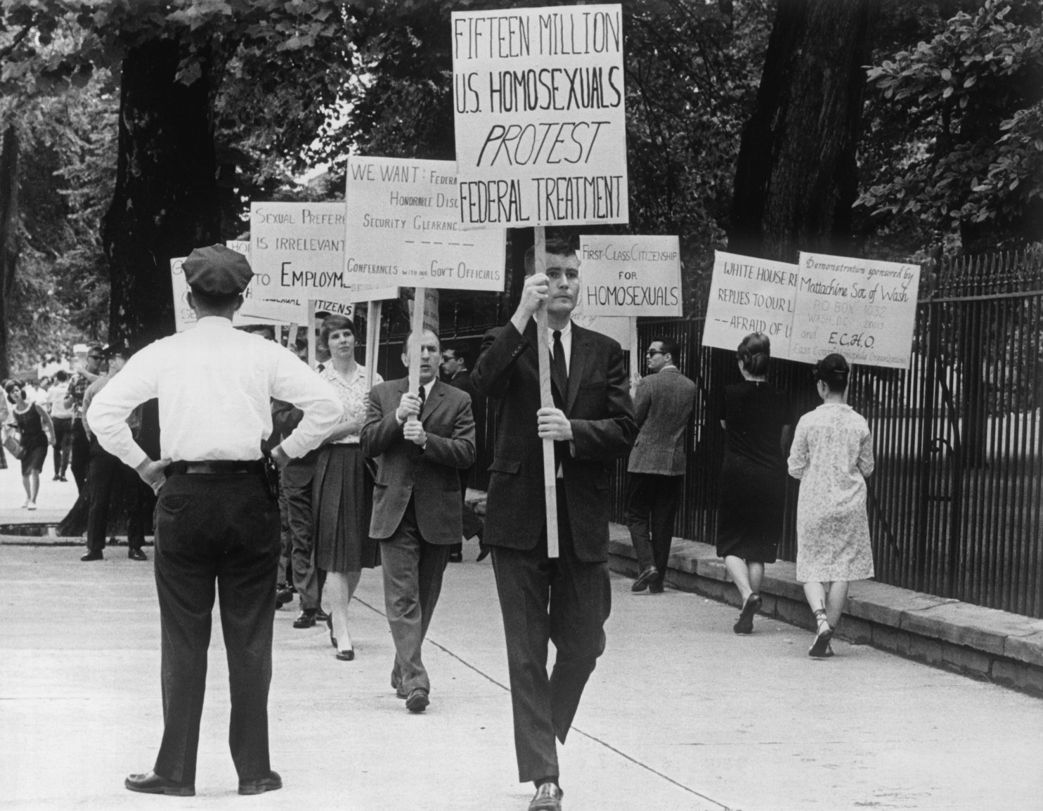 First picket by members of the Washington Mattachine organization in front of the White House on April 17, 1965.